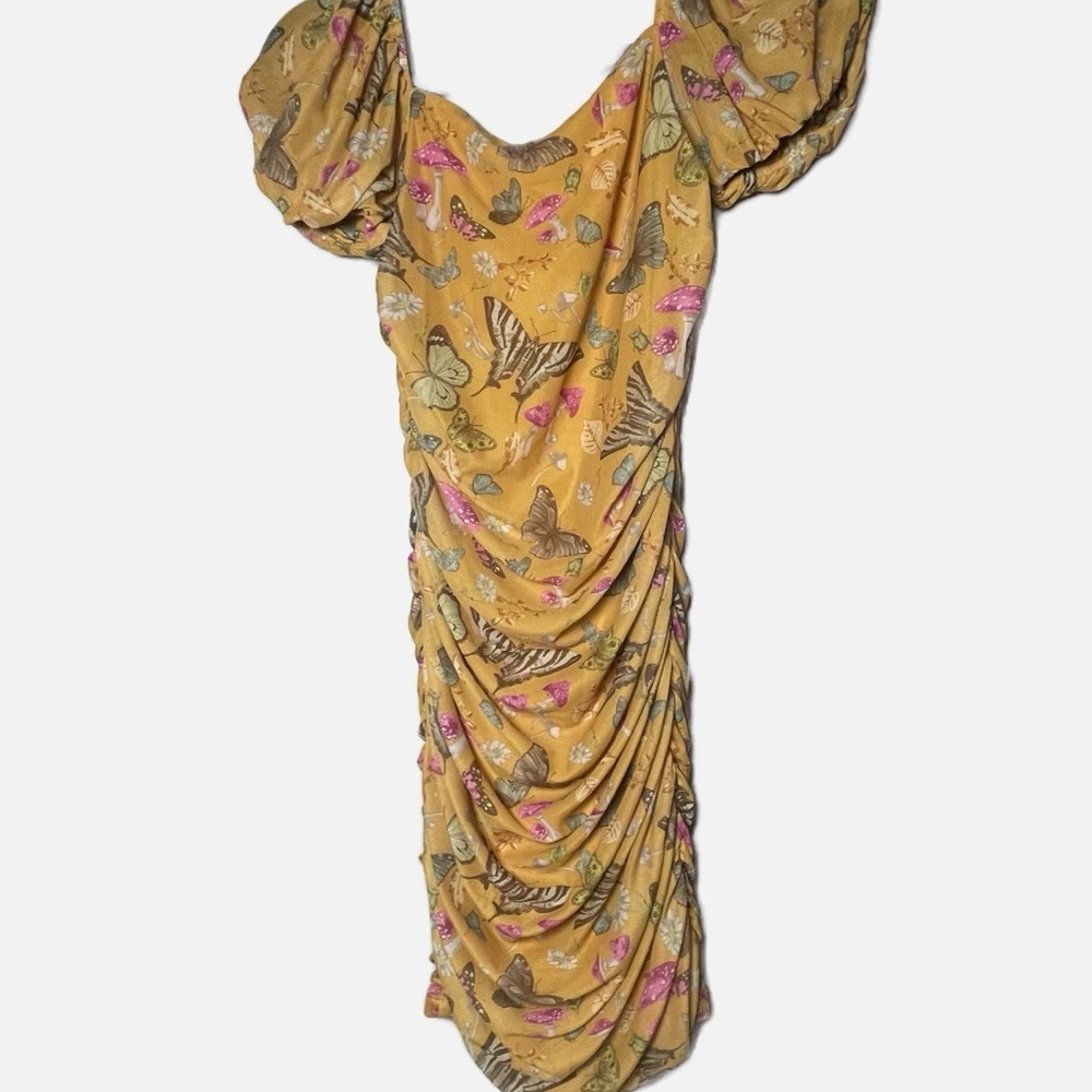 Forever 21 Yellow Butterfly Print Ruched Mini Dress size medium boho fairy - Picture 5 of 7